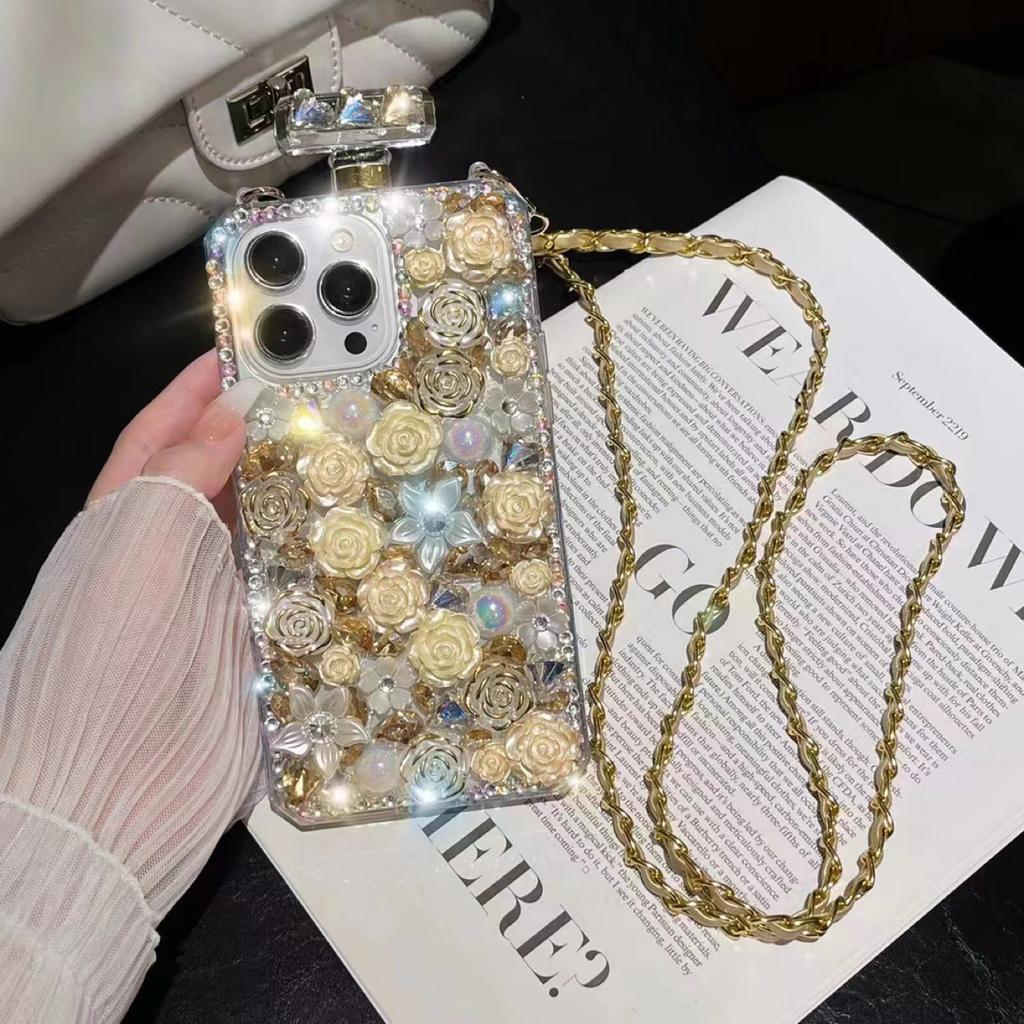 Kolorowa kryształowa róża kwiaty pokrywa dla Samsung S23 S22 S21 S20 Ultra Crossbody Rhinestone kształt butelki perfum etui na iphone 15 14 3 12 11 Pro Max