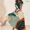 Women Plus Size Round Neck Short Sleeve White Abstract Printed Cutout Waist A Line Long Dress