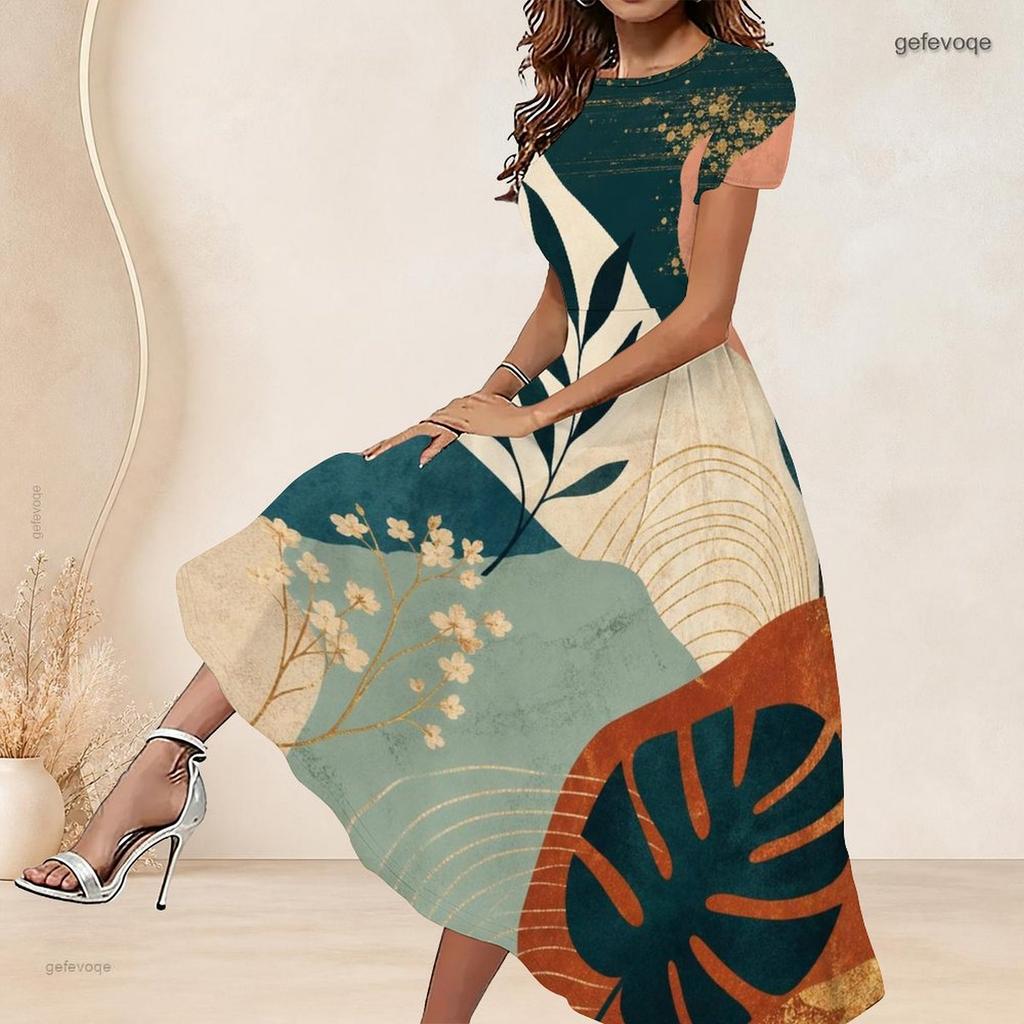 Women Plus Size Round Neck Short Sleeve White Abstract Printed Cutout Waist A Line Long Dress