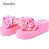 Pink Women's Floral Platform Flip Flops Rose Pearl Embellished Wedge Sandals Thick Sole Summer Slides Beach Fashion Slippers
