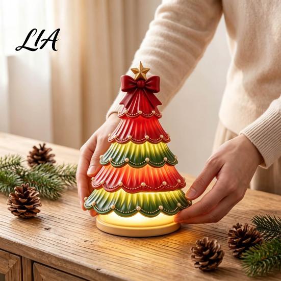 DIY Craft Art Ornament Lighted Christmas Tree Tabletop Decor, Resin LED Artificial Xmas Exquisite Holiday Party with Warm Glow, USB Powered