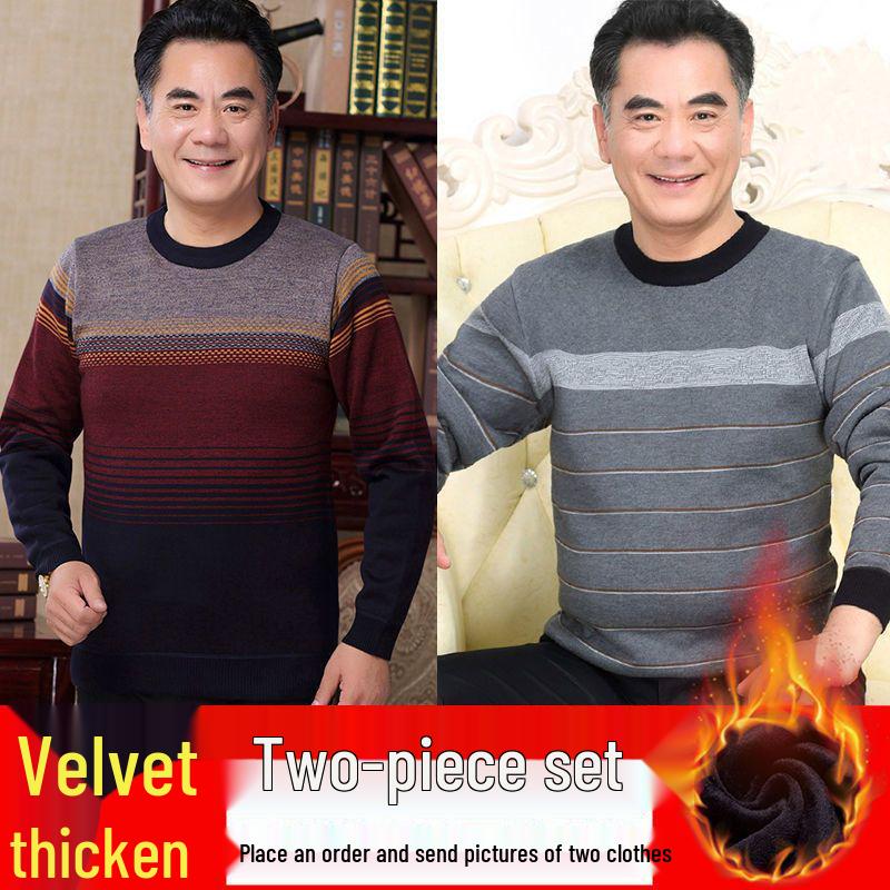 Men's Thick Fleece-Lined Sweater - Grandpa Style, Round Neck, Perfect for Winter Warmth