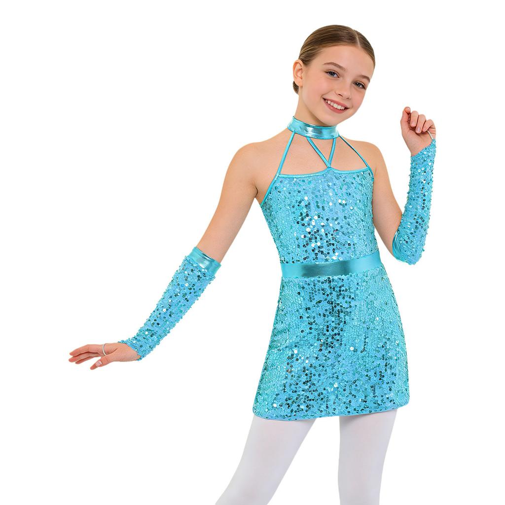 Kids Girls Jazz Dance Halter Dress Sleeveless Strappy Back Invisible Zipper Sparkling Sequins with 1 Pair Gloves for Stage Performance