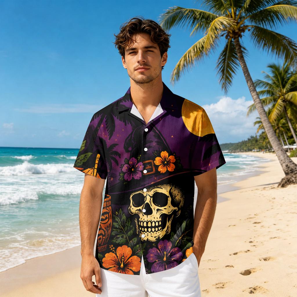 Men's Short Sleeve Casual Button Down Shirt Halloween Print Relaxed Fit Collared Shirt Lightweight Breathable Fabric