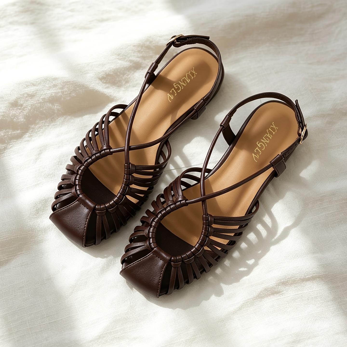 Women s Woven Strap Roman Sandals - Hollow Out Flat Beach Shoes, Soft Sole Comfortable Casual Sandals for Ladies 36 кофейный