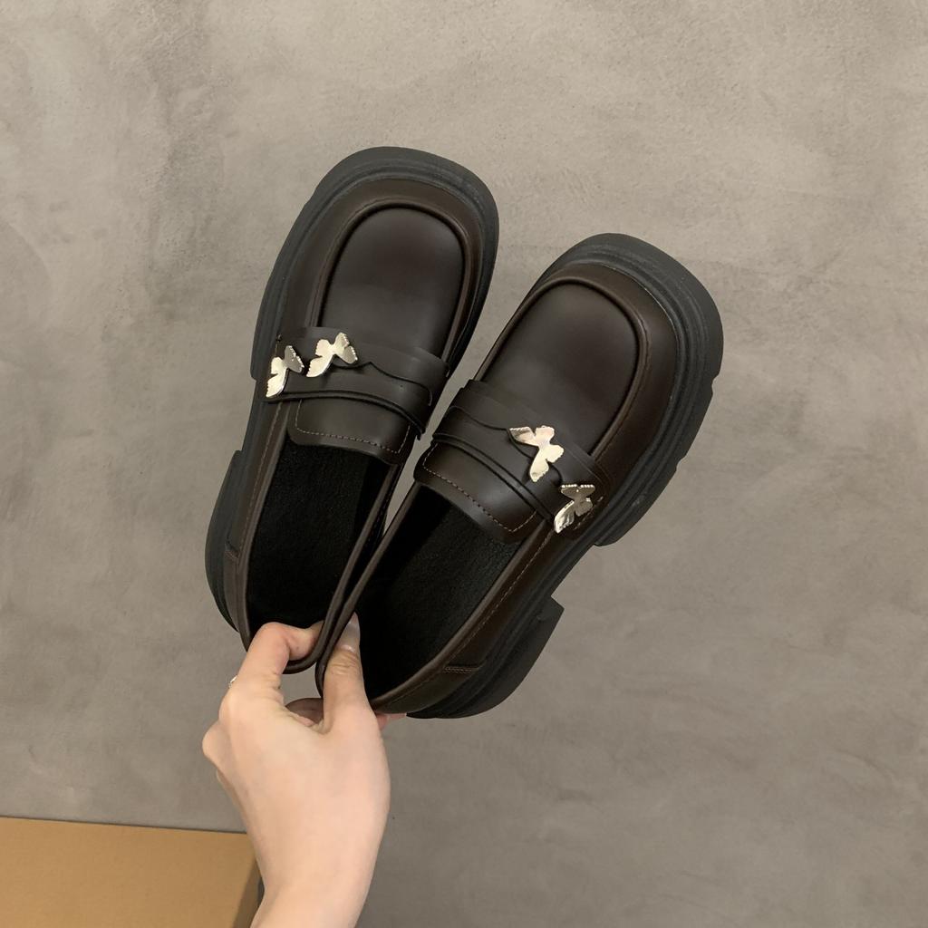 Retro Polished Small Leather Shoes Women's 2025 Spring New British Style Butterfly Versatile Thick Heel Platform Heightening Loafers