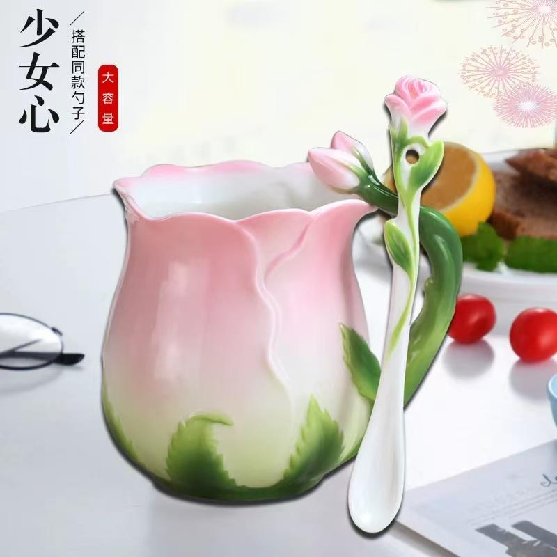 French Color Ceramic Coffee Mug Saucer Spoon Creative Tulip Perfume Cup Three-Dimensional Flower Afternoon Camellia Tea Cup Gift