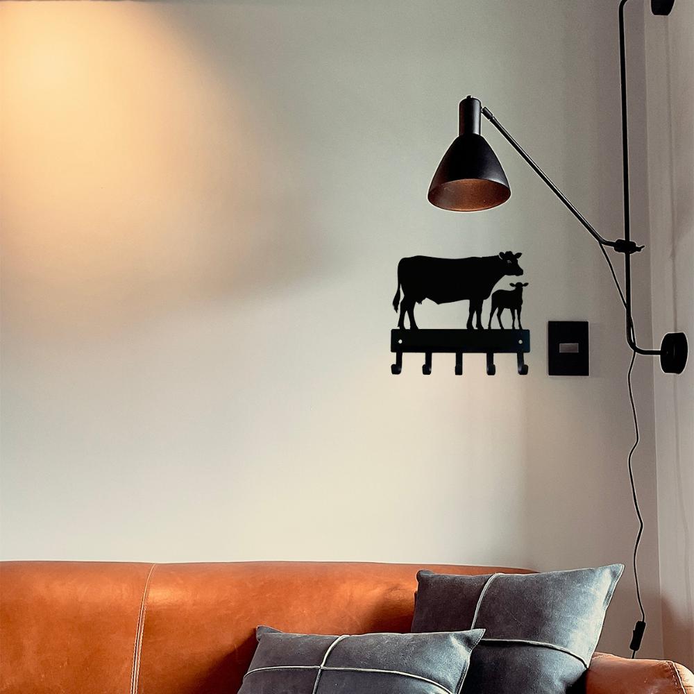 1pc Cow and Calf Cattle Farm Key Rack Holder - Small 6 Inch Wide Metal Wall Art Wall-mounted Hooks Key Holder Coat Rack