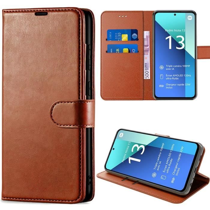 Coque pour xiaomi redmi note 13 4g - marron - protection antichoc - etui pliable en cuir pu - support intégré