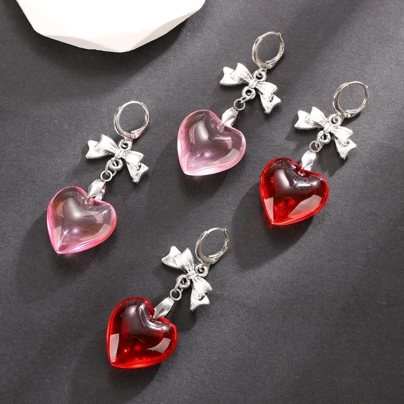 Sweet Cool Bowknot Earings Glass Love Heart Dangle Earrings Pendant Ear Rings Jewelry Punk Accessory for Women and Girls