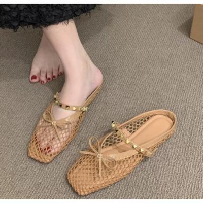 Fashion New Style Fashion Low Heels Fishing Net Women Sandals Women Summer Hollow Soft Sole Comfortable Beach Baotou Roman Half Slippers