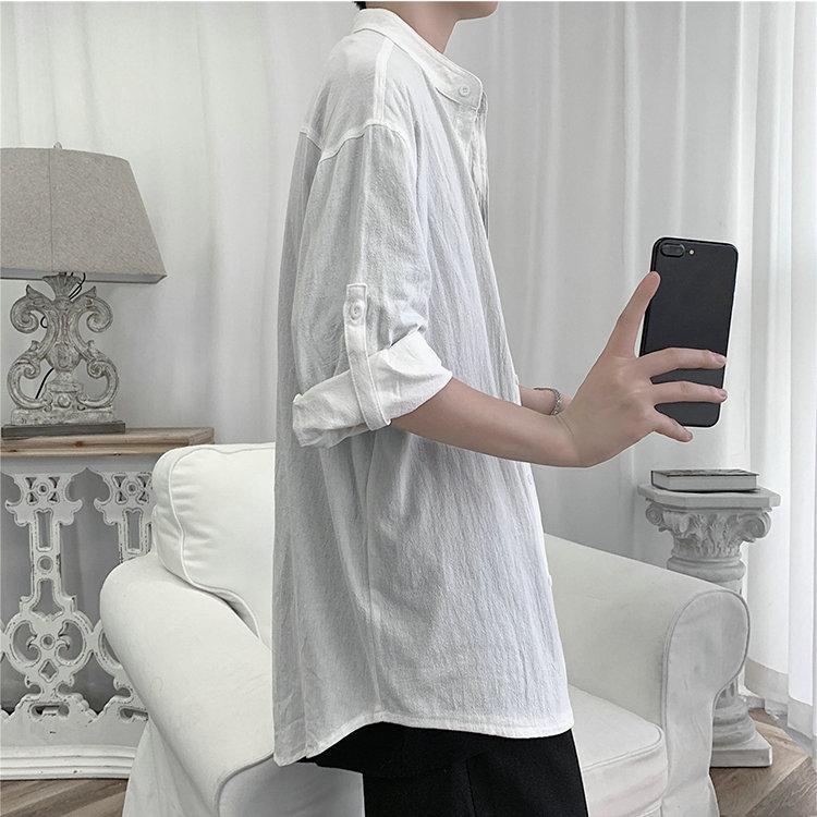 2022 Summer New Casual Men's Shirt Cotton Solid Color Three Quarter Shirts For Men