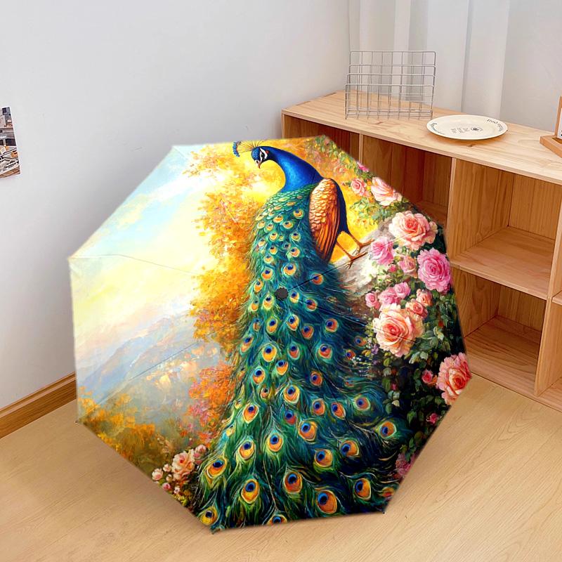 1 PC Automatic Folding Umbrella - Peacock Garden Pattern, Portable & Foldable Design with 8 Ribs, Christmas Birthday Gifts