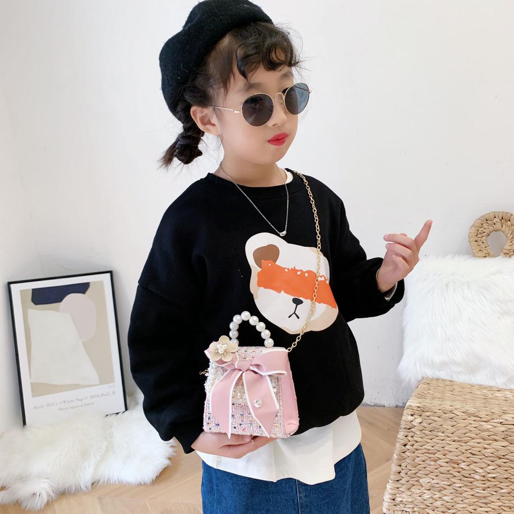 Adorable Pearl Mini Handbag For Kids Fashionable Winter Bow Decorated Coin Purse