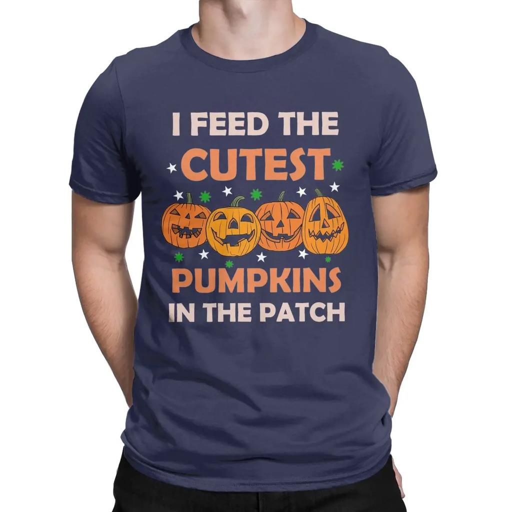 Men's T-Shirts I Feed Cute Pumpkins Novelty Cotton Tees Short Sleeve Halloween T Shirts Round Collar Clothes Printed