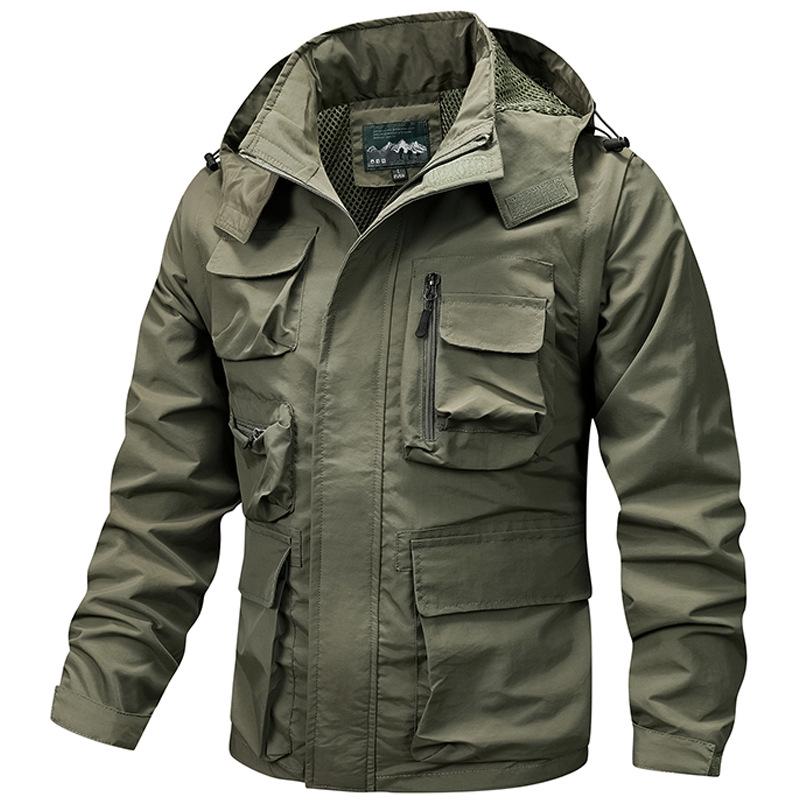 Herren Winddichter Parka mit abnehmbaren Ärmeln: Frühlings-/Herbst-Jacke mit mehreren Taschen, lockerer Schnitt, Übergröße, Freizeit-Arbeitskleidung