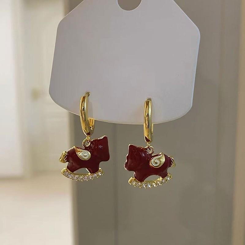 K Real Gold Electroplated Zircon Round Pony Stud Earrings New Chinese Retro Natal Year Earrings Light Luxury Niche Earrings