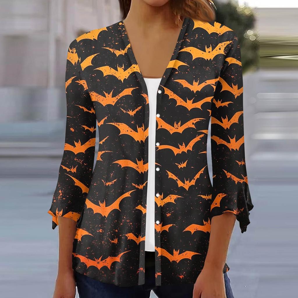 Damen Locker Lässig Bedruckt Siebenärmel Knopfleiste Hemd Strickjacke Top