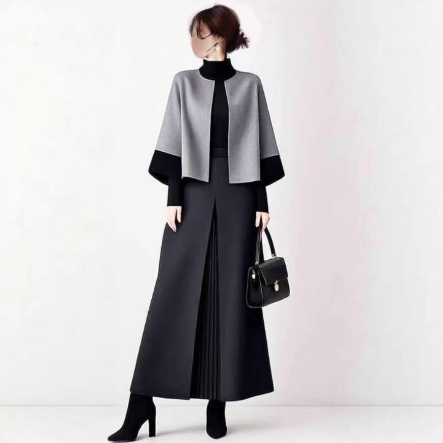 Japanese Winter 2025 Color Block Round Neck Jacket & Pleated A-Line Skirt Two-Piece Set