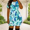 Women Plus Size Round Neck Short Sleeve Butterfly Floral Bow Print Fitted Mini Dress