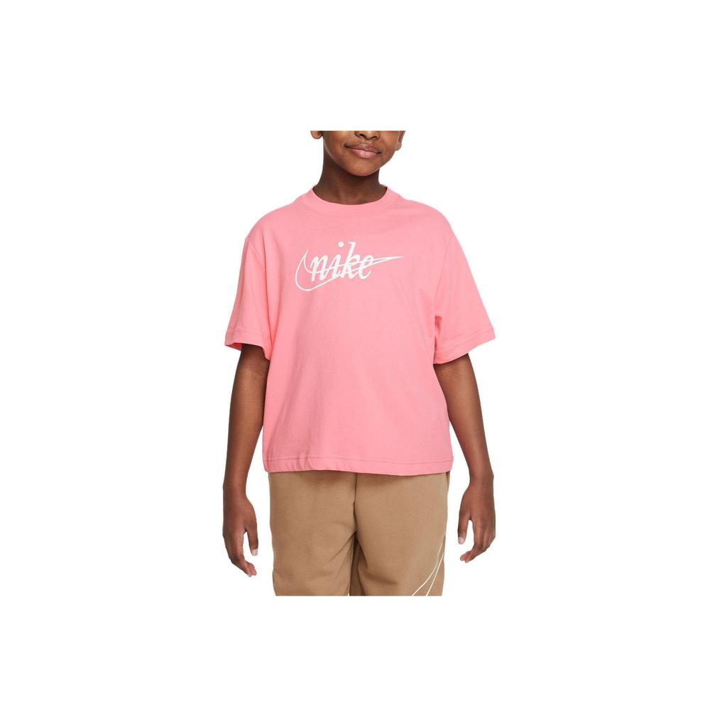 Nike Dri-Fit Buchstaben Logo Print Locker Rundhals Kurzarm T-Shirt Kinder Oberteile Koralle-Rosa FD0941-611