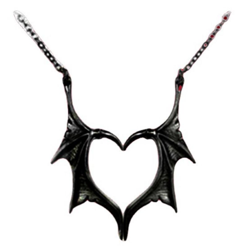 Retro Gothic Cross Demon Bat Wings Heart Necklace for Couples