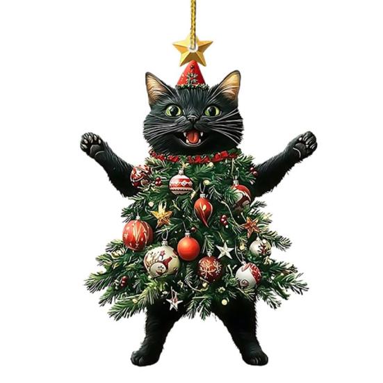 

Yousheng Рождественский кот в рождественской елке Акриловое подвесное украшение 2D плоский шарм для зеркала заднего вида автомобиля Праздничные подарки для любителей кошек 1pc