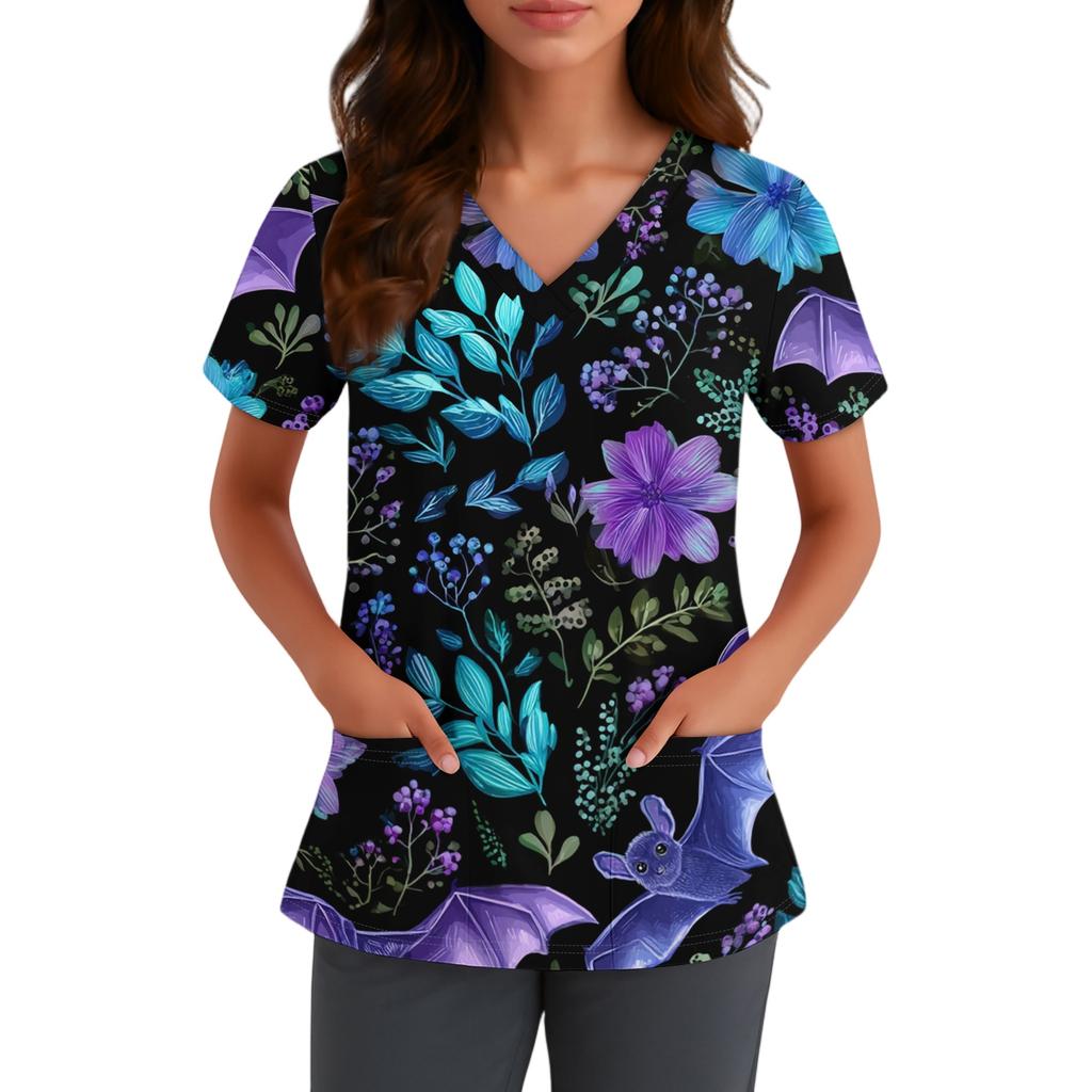 Women V Neck Short Sleeve Halloween Print Top with Pocket Scrub Shirt for Healthcare Professionals Uniform