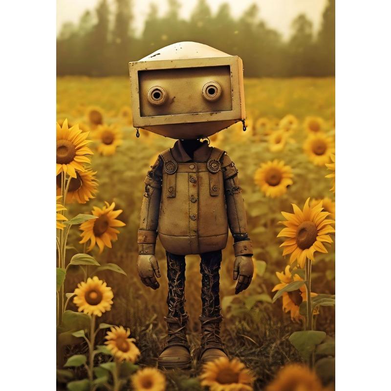 Vintage Lonely Boy Bot Toy Sunflowers Posters Wall Art Canvas Painting Nordic Poster Print Wall  for Kidsroom Nursery Decor