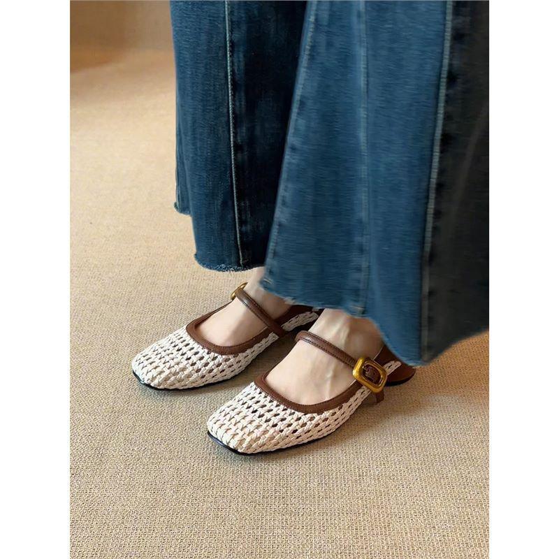Spring and Autumn Edition~ Retro soft leather square head woven hollow Mary Jane shoes women's shallow mouth square head thick heel with sandals
