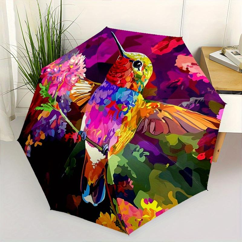 1pc Hummingbird In a Vibrant Garden Automatic Opening and Closing Umbrella, Lightweight 3-Fold, With Cute Cartoon Characters, Suitable for Home,