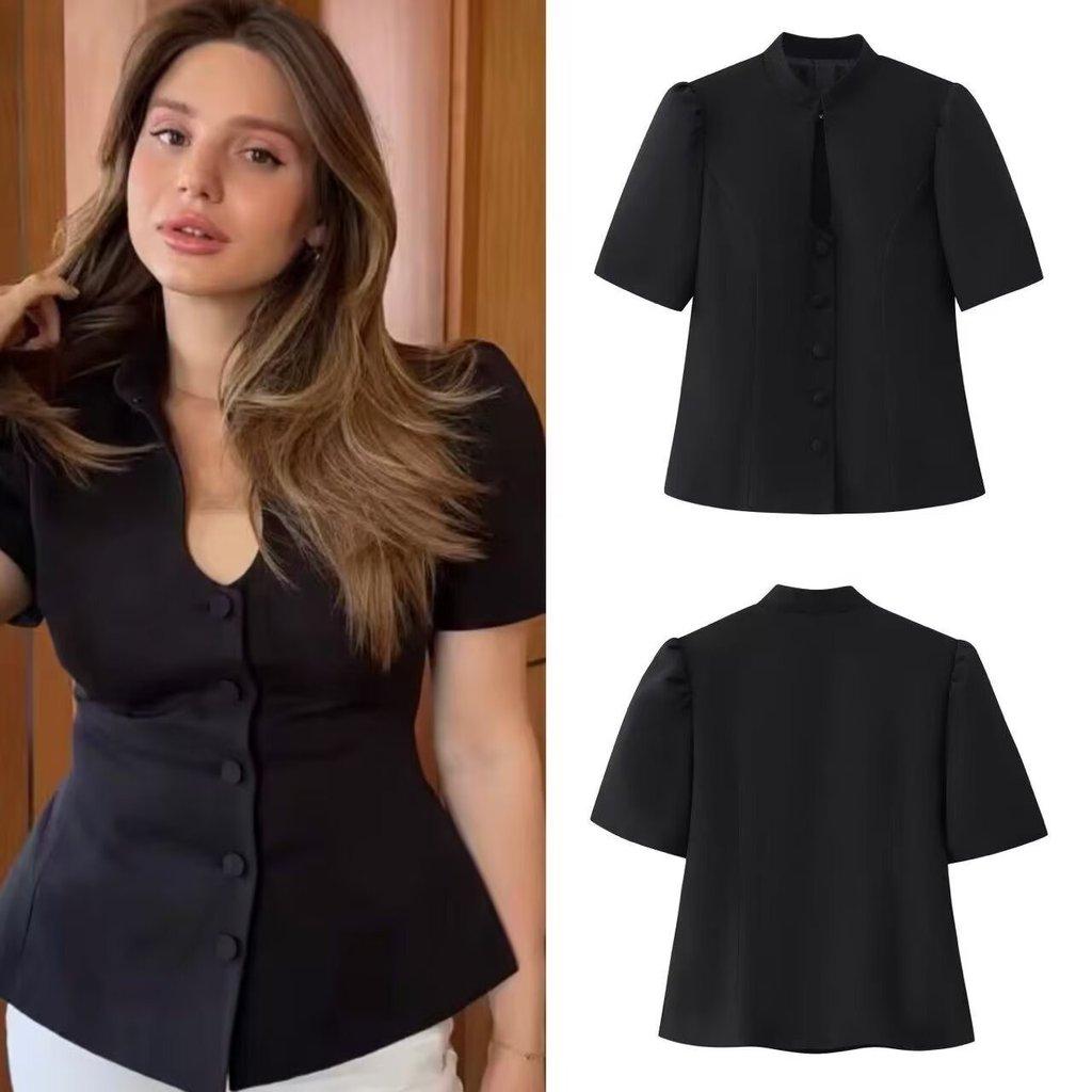 Elegant Polyester Short Sleeve Shirt With V Neck And Button Closure For Womens Fashion
