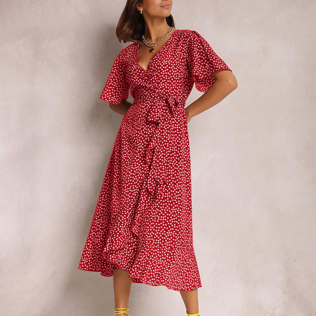 Fashion Women's Printed V-Neck Irregular High Waist Tie Sexy Casual Short Sleeve Dress