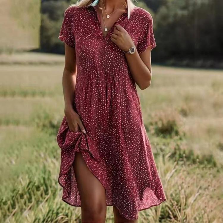 Summer Women Casual Loose Fit V Neck Short Sleeve Printed Long Dress for Outdoor Fashion