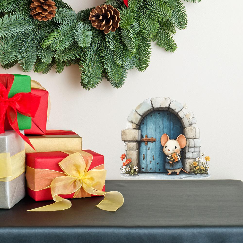 Cartoon Mouse Holding Flowers at Mouse Hole DIY Removable Wall Sticker for Bedroom Living Room Home Decor