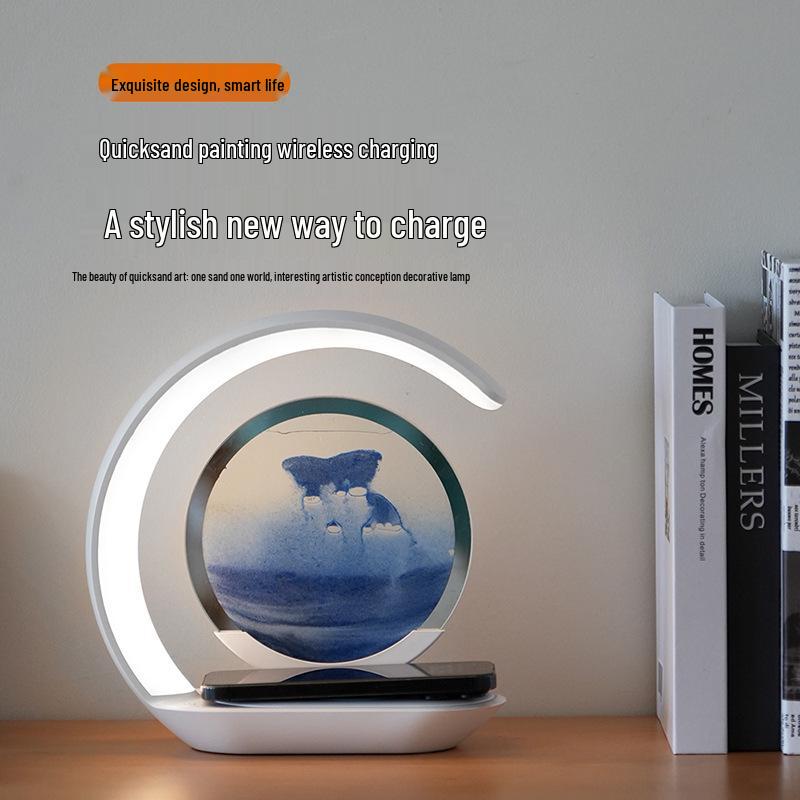 Lampada da scrivania a LED con sabbia fluttuante: Caricabatterie USB Wireless e Ornamento Luce Notturna 3D