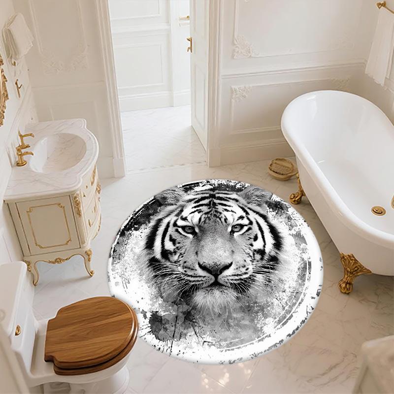 Black and White Ink Tiger Round Area Rug,Carpet Rug for Living Room Bedroom Sofa Playroom Decor,Non-slip Floor Mat