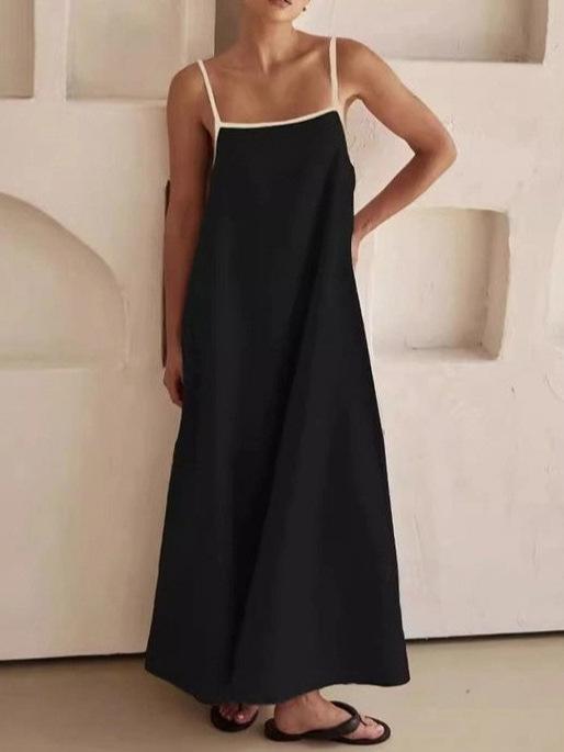 A-shaped pendulum silhouette minimalist holiday skirt, solid color loose suspender cotton and linen long dress