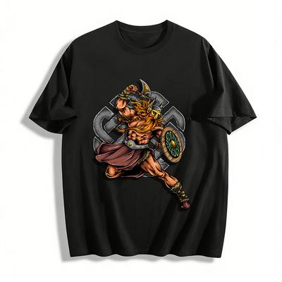 T-Shirt mit nordischem Wikingerkrieger-Print, lässiger Streetstyle, reine Baumwolle