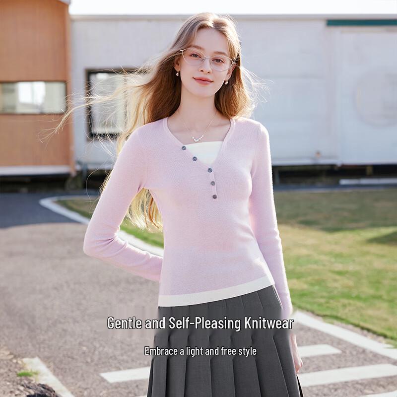 Xiangying Women's Wool-Silk Blend V-Neck Pullover Sweater