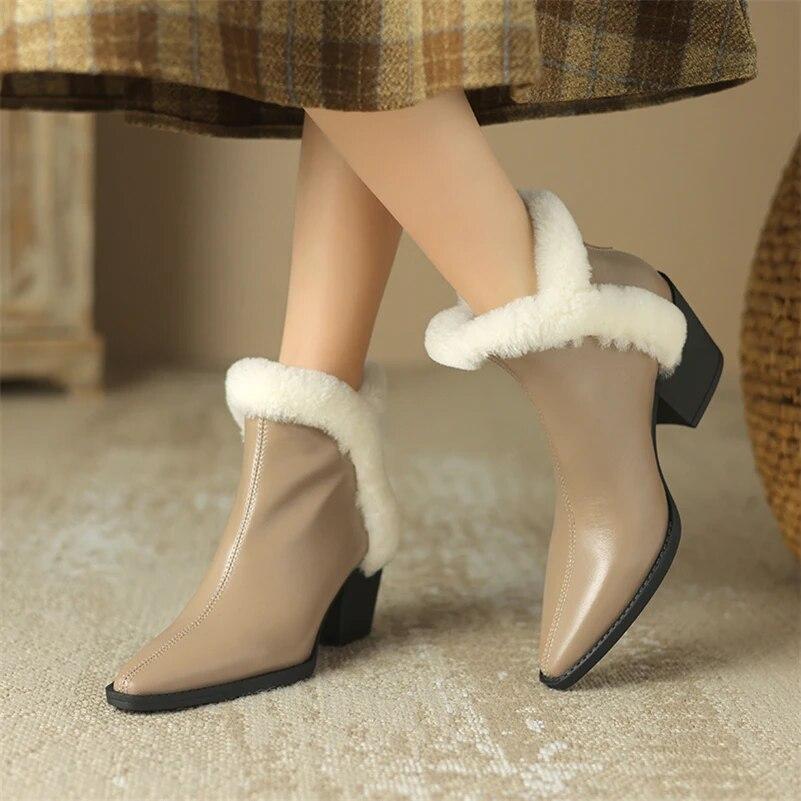 

Meotina/женские ботильоны из натуральной кожи, короткие ботинки из овчины с острым носком, на толстом высоком каблуке и молнии, женская модная зимняя обувь