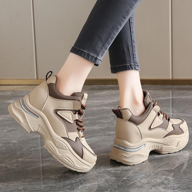 Fashion Chunky Platform Women Sport Sneaker Lace-Up Thick Bottom Vulcanize Shoes Woman Spring Autumn Pu Leather Breathable Running Shoes