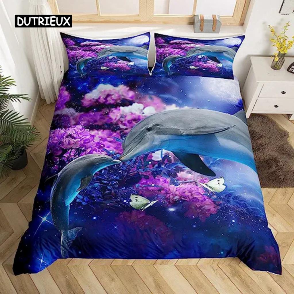 Delfin Seaworld Bettbezug Mikrofaser Meeresschildkröte Unterwasserwelt Grau Delfin Ozeanblau zur Dekoration Kind Jungen Mädchen Erwachsene