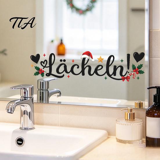Christmas Mirror Decals for Bathroom Static Glass Sticker Mirror, Decorative PVC Window Decal with Holly Reusable Holiday Accents And Santa