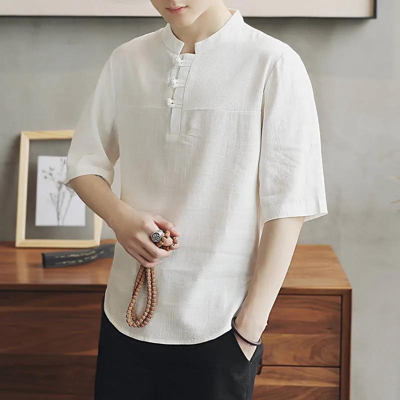 

Mens Linen Blend Frog Button Stand Collar Half Sleeve Shirt L белый