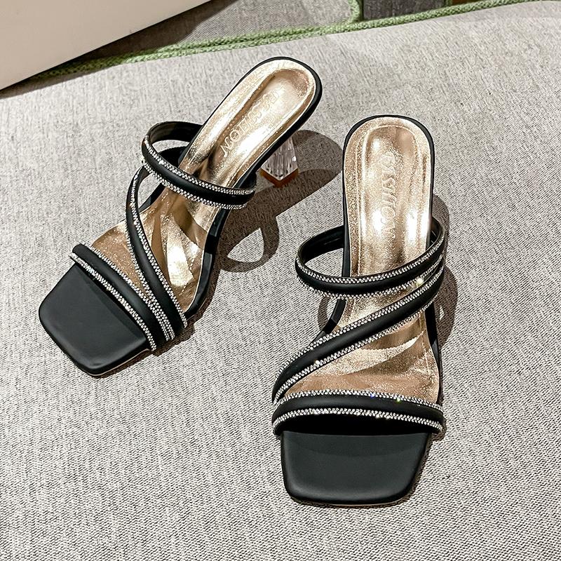 

Модные женские туфли на прозрачном каблуке больших размеров, летние новые, с открытым носком, со стразами и ремешками 41 чёрный