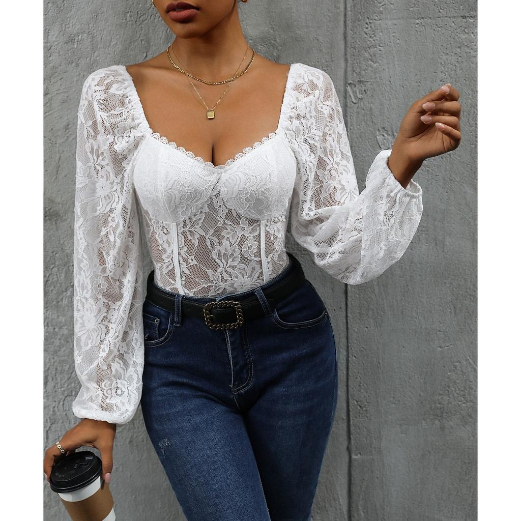 Hot Fall Women's Jumpsuit Fashion Sexy Backless Lace Long Sleeve V Neck Romper