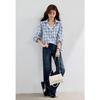 VICTORIA&VERA Women's Cotton Faux Two-Piece Plaid Long Sleeve Shirt