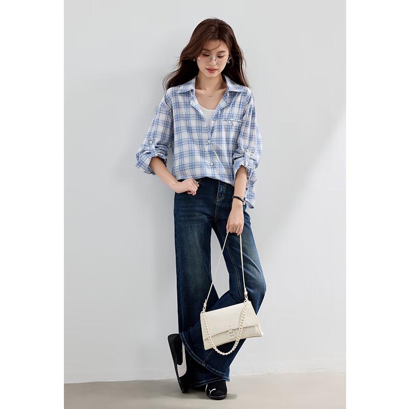 VICTORIA&VERA Women's Cotton Faux Two-Piece Plaid Long Sleeve Shirt