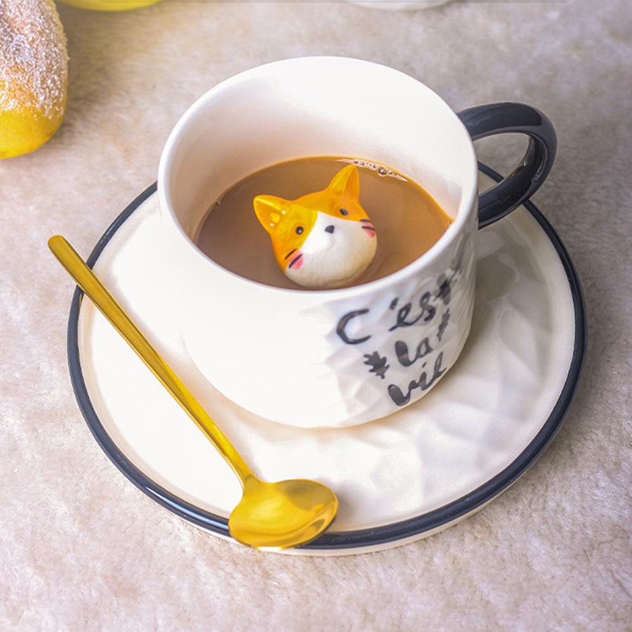 Juego de Taza y Platillo de Cerámica de Gato 3D